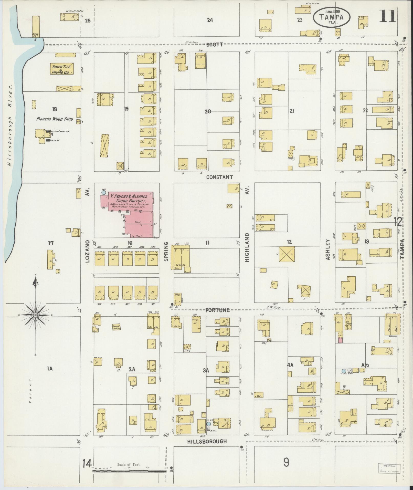 Sanborn Fire Insurance Map from Tampa, Hillsborough County, Florida (1899), Sheet #0011 - Complete Map Set gallery image, historic Sanborn map, vintage wall art, Florida Florida