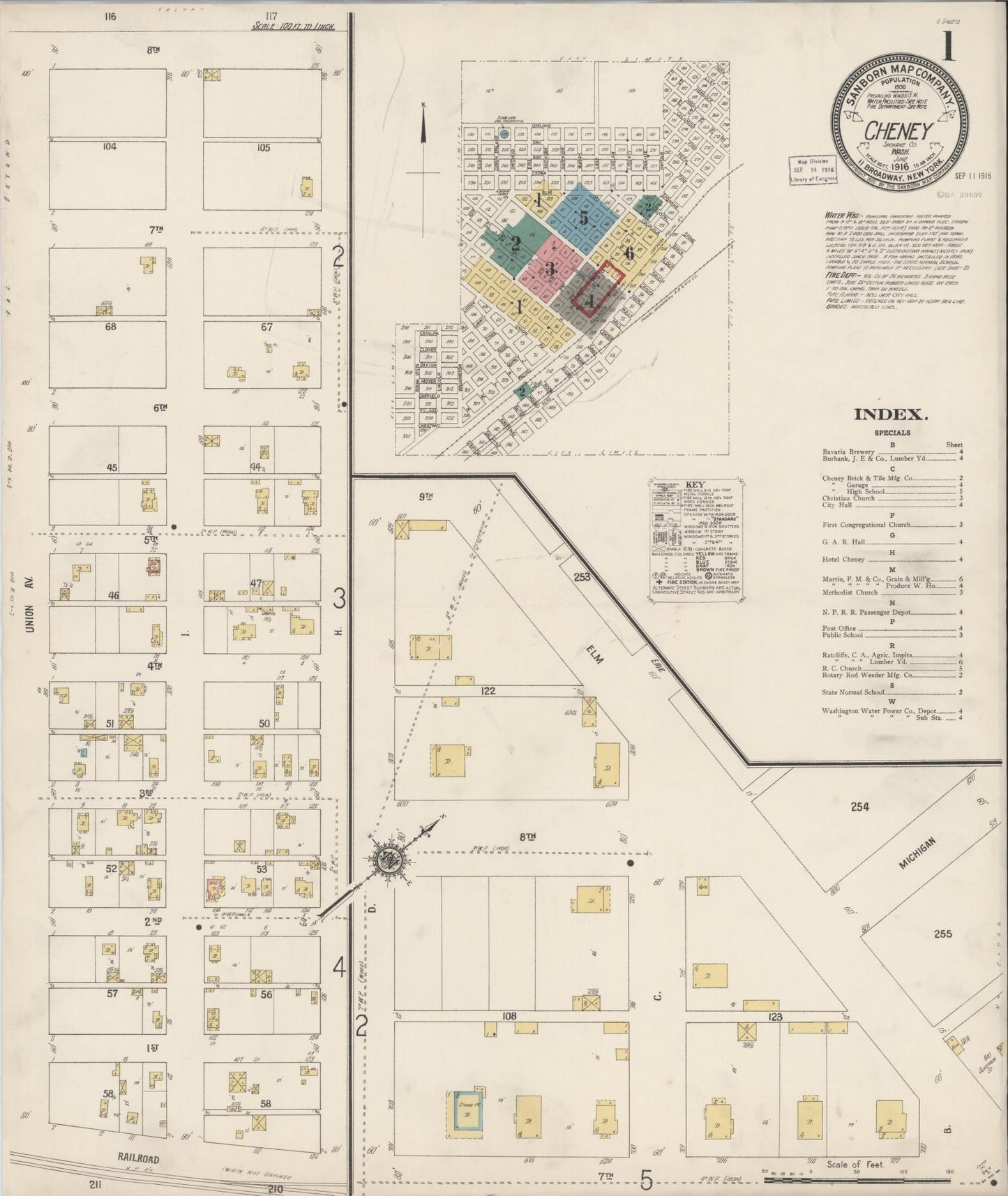 Sanborn Fire Insurance Map from Cheney, Spokane County, Washington (1916), Sheet #0001 - Complete Map Set gallery image, historic Sanborn map, vintage wall art, Washington Washington