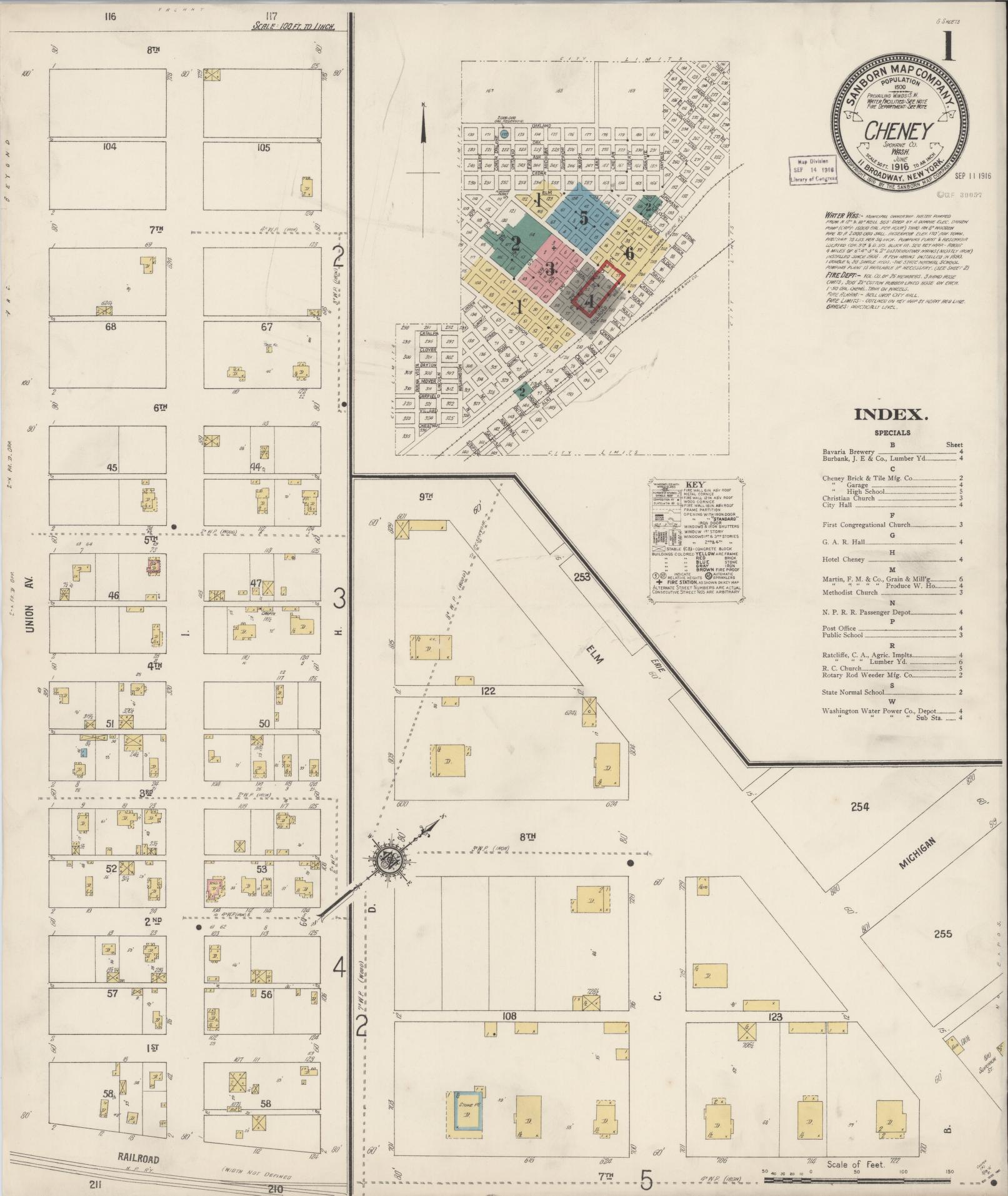 Sanborn Fire Insurance Map from Cheney, Spokane County, Washington (1916), Sheet #0001 - Complete Map Set gallery image, historic Sanborn map, vintage wall art, Washington Washington