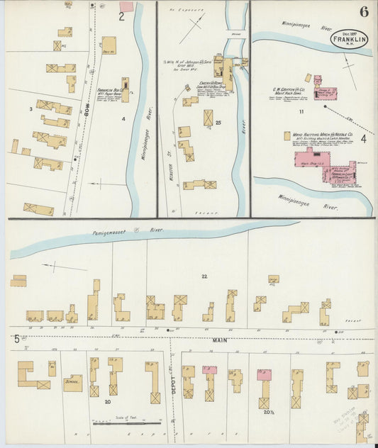 Sanborn Fire Insurance Map from Franklin, Merrimack County, New Hampshire (1897), Sheet #0006 - Historic Sanborn Fire Insurance Map Print, vintage old map wall art, antique decor, genealogy gift, New Hampshire New Hampshire map