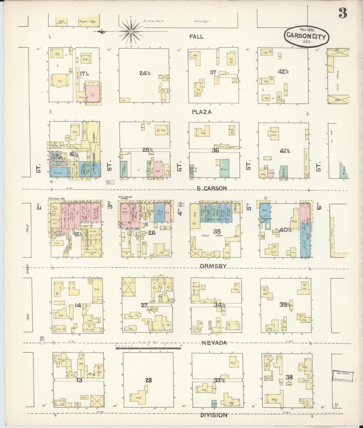 Sanborn Fire Insurance Map from Carson City, Carson City County, Nevada (1890), Sheet #0003 - Historic Sanborn Fire Insurance Map Print, vintage old map wall art, antique decor, genealogy gift, Nevada Nevada map