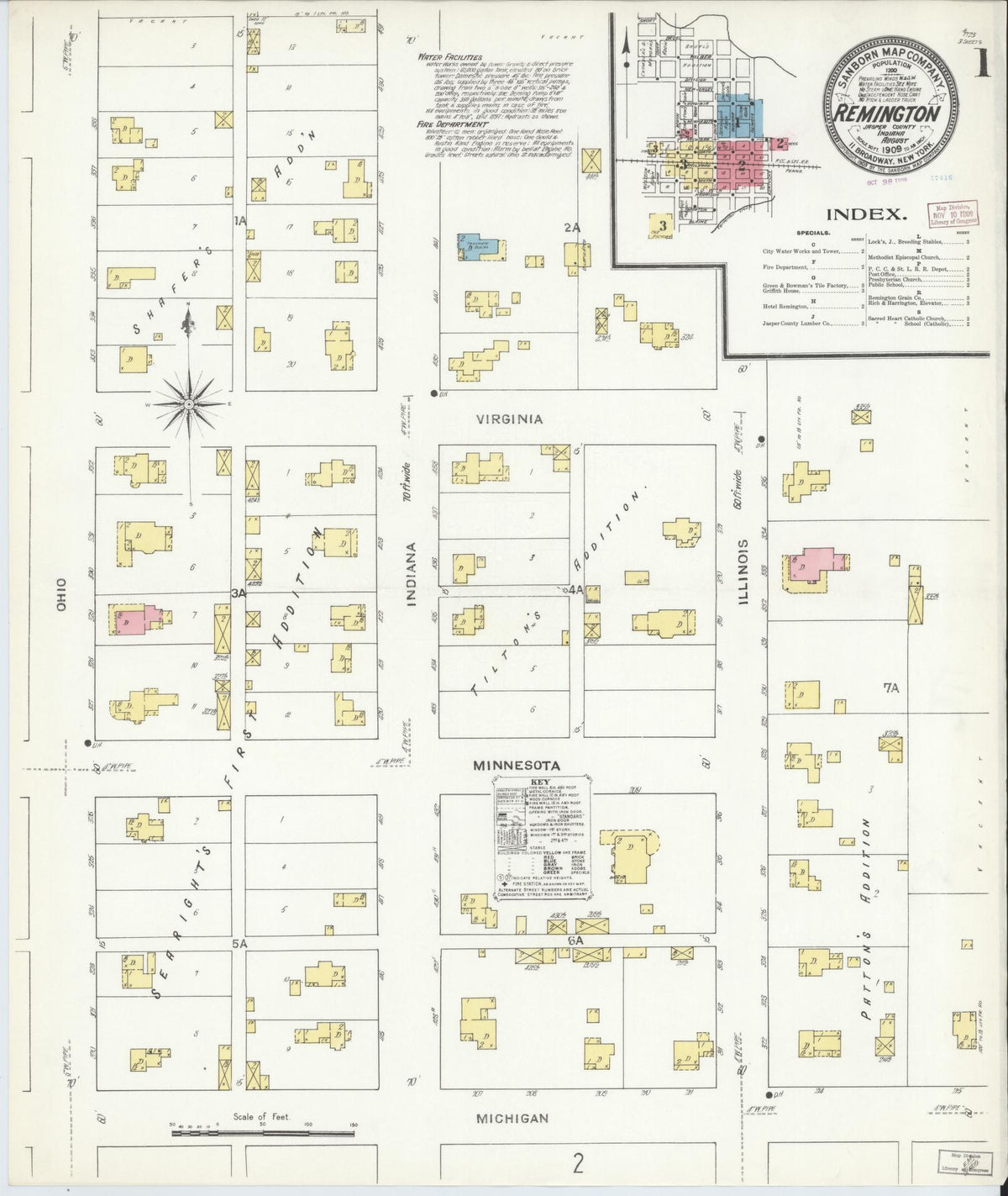 Sanborn Fire Insurance Map from Remington, Jasper County, Indiana (1909), Sheet #0001 - Historic Sanborn Fire Insurance Map Print, vintage old map wall art, antique decor, genealogy gift, Indiana Indiana map