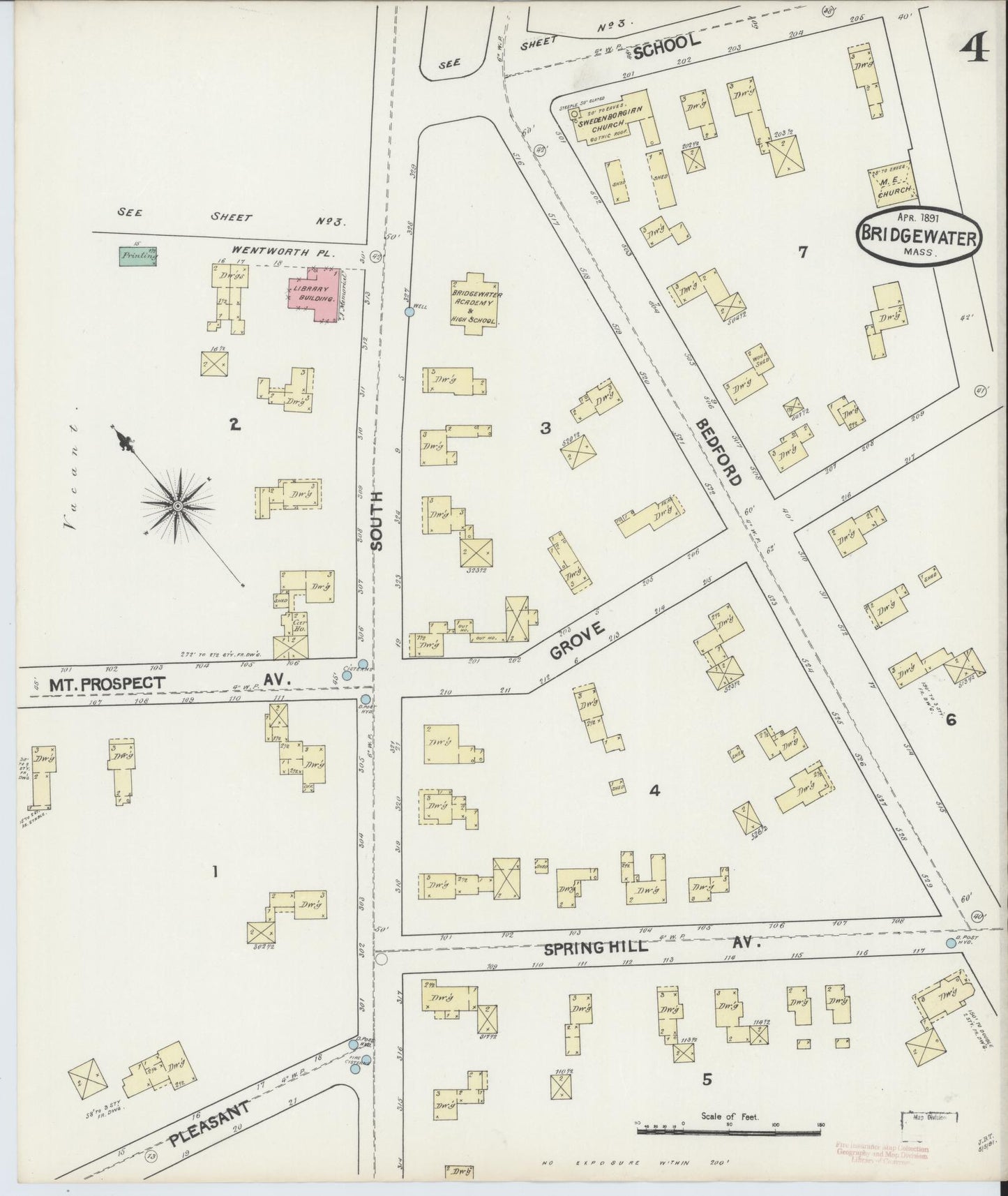 Sanborn Fire Insurance Map from Bridgewater, Plymouth County, Massachusetts (1891), Sheet #0004 - Historic Sanborn Fire Insurance Map Print, vintage old map wall art, antique decor, genealogy gift, Massachusetts Massachusetts map