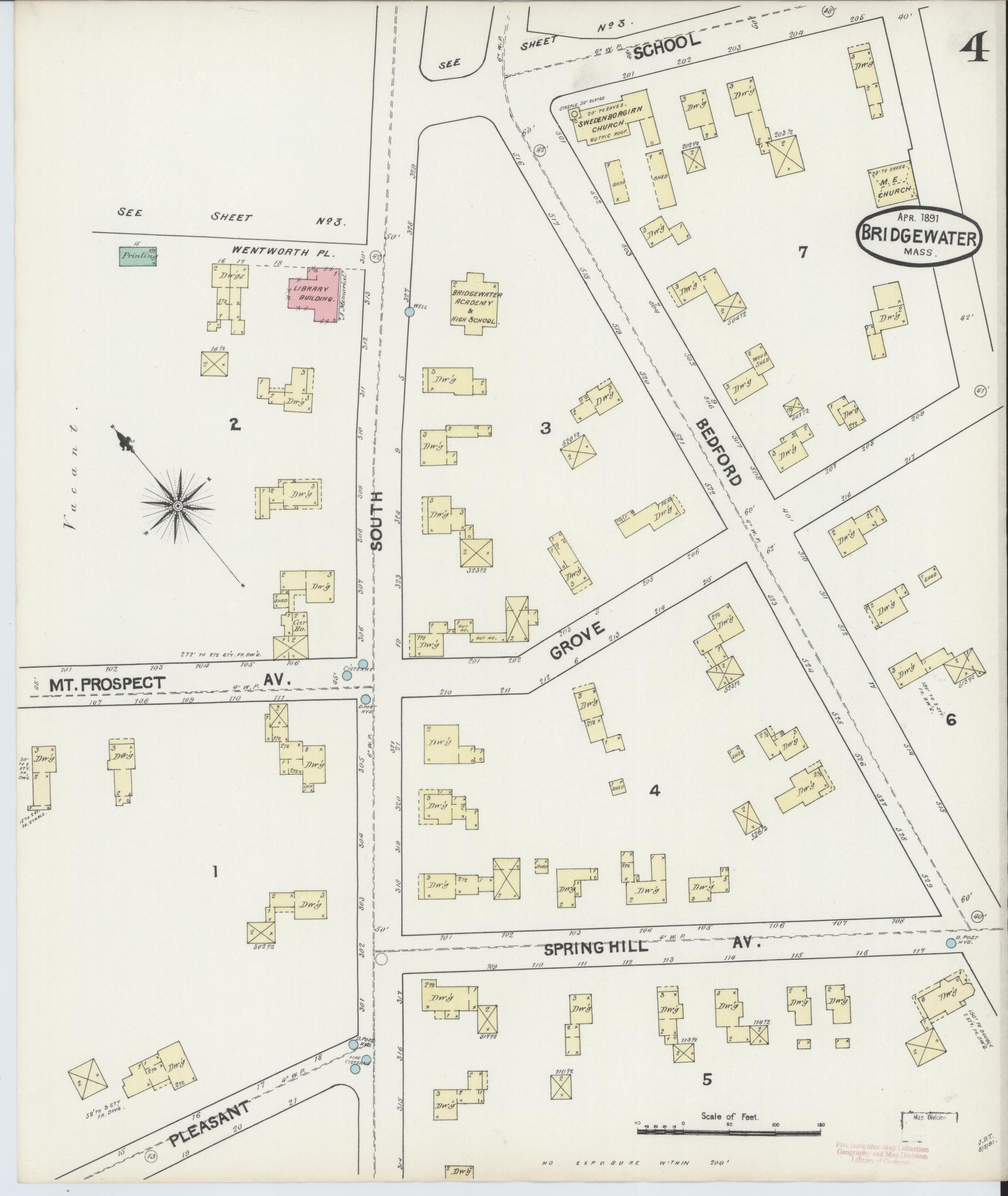 Sanborn Fire Insurance Map from Bridgewater, Plymouth County, Massachusetts (1891), Sheet #0004 - Historic Sanborn Fire Insurance Map Print, vintage old map wall art, antique decor, genealogy gift, Massachusetts Massachusetts map