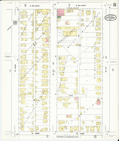 Sanborn Fire Insurance Map from Ottumwa, Wapello County, Iowa (1909), Sheet #0008 - Historic Sanborn Fire Insurance Map Print, vintage old map wall art