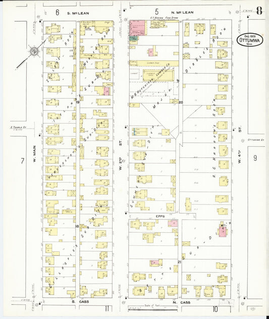Sanborn Fire Insurance Map from Ottumwa, Wapello County, Iowa (1909), Sheet #0008 - Historic Sanborn Fire Insurance Map Print, vintage old map wall art
