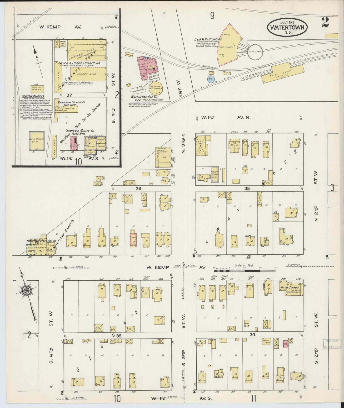 Sanborn Fire Insurance Map from Watertown, Codington County, South Dakota (1915), Sheet #0002 - Historic Sanborn Fire Insurance Map Print, vintage old map wall art, antique decor, genealogy gift, South Dakota South Dakota map
