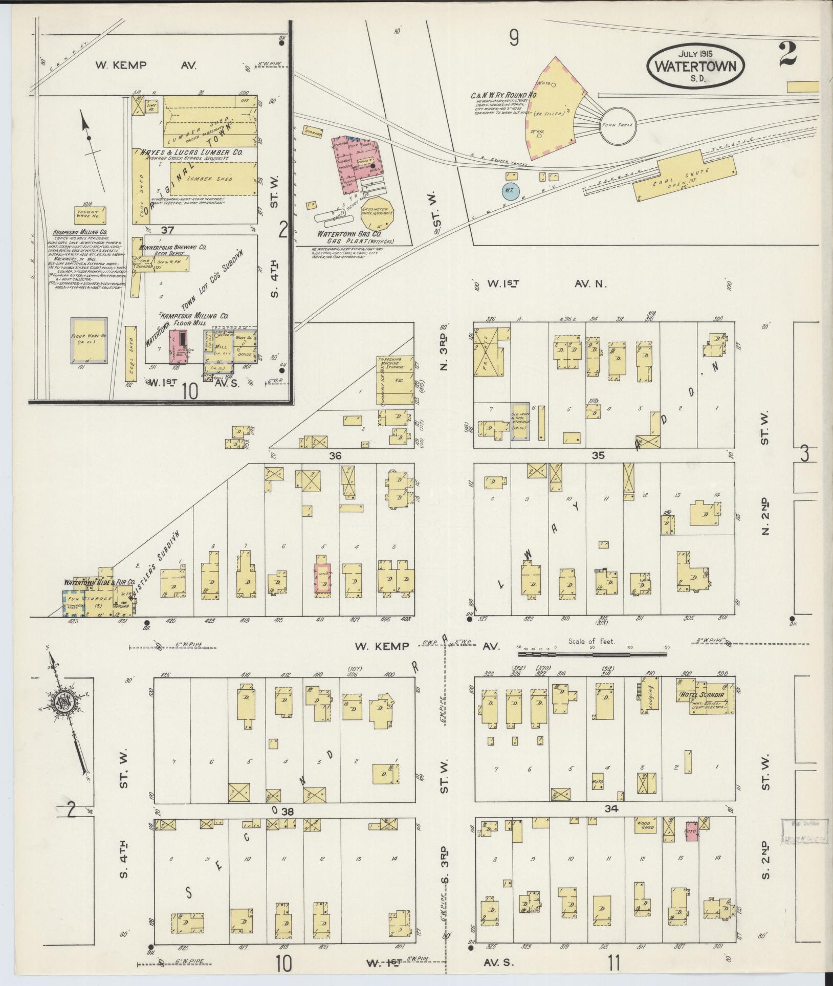 Sanborn Fire Insurance Map from Watertown, Codington County, South Dakota (1915), Sheet #0002 - Historic Sanborn Fire Insurance Map Print, vintage old map wall art, antique decor, genealogy gift, South Dakota South Dakota map