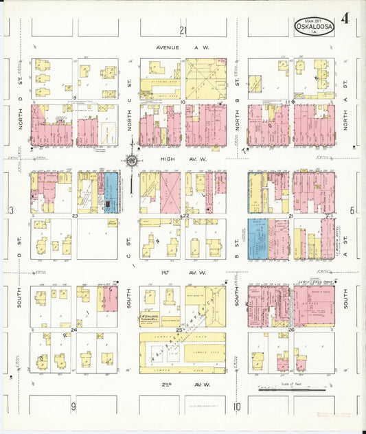 Sanborn Fire Insurance Map from Oskaloosa, Mahaska County, Iowa (1917), Sheet #0004 - Historic Sanborn Fire Insurance Map Print, vintage old map wall art