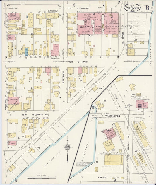 Sanborn Fire Insurance Map from Two Rivers, Manitowoc County, Wisconsin (1913), Sheet #0008 - Historic Sanborn Fire Insurance Map Print, vintage old map wall art, antique decor, genealogy gift, Wisconsin Wisconsin map