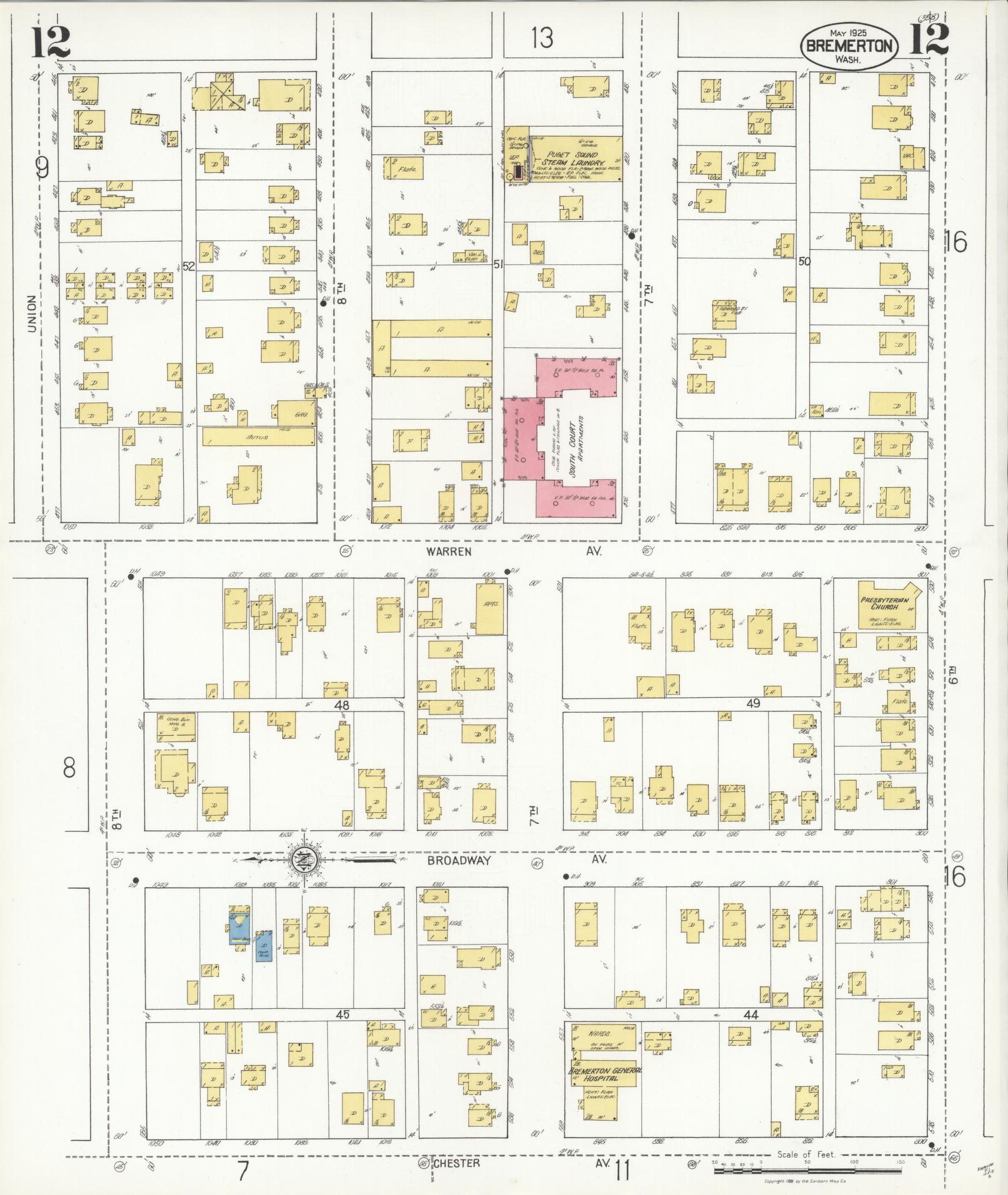 Sanborn Fire Insurance Map from Bremerton, Kitsap County, Washington (1925), Sheet #0012 - Complete Map Set gallery image, historic Sanborn map, vintage wall art, Washington Washington