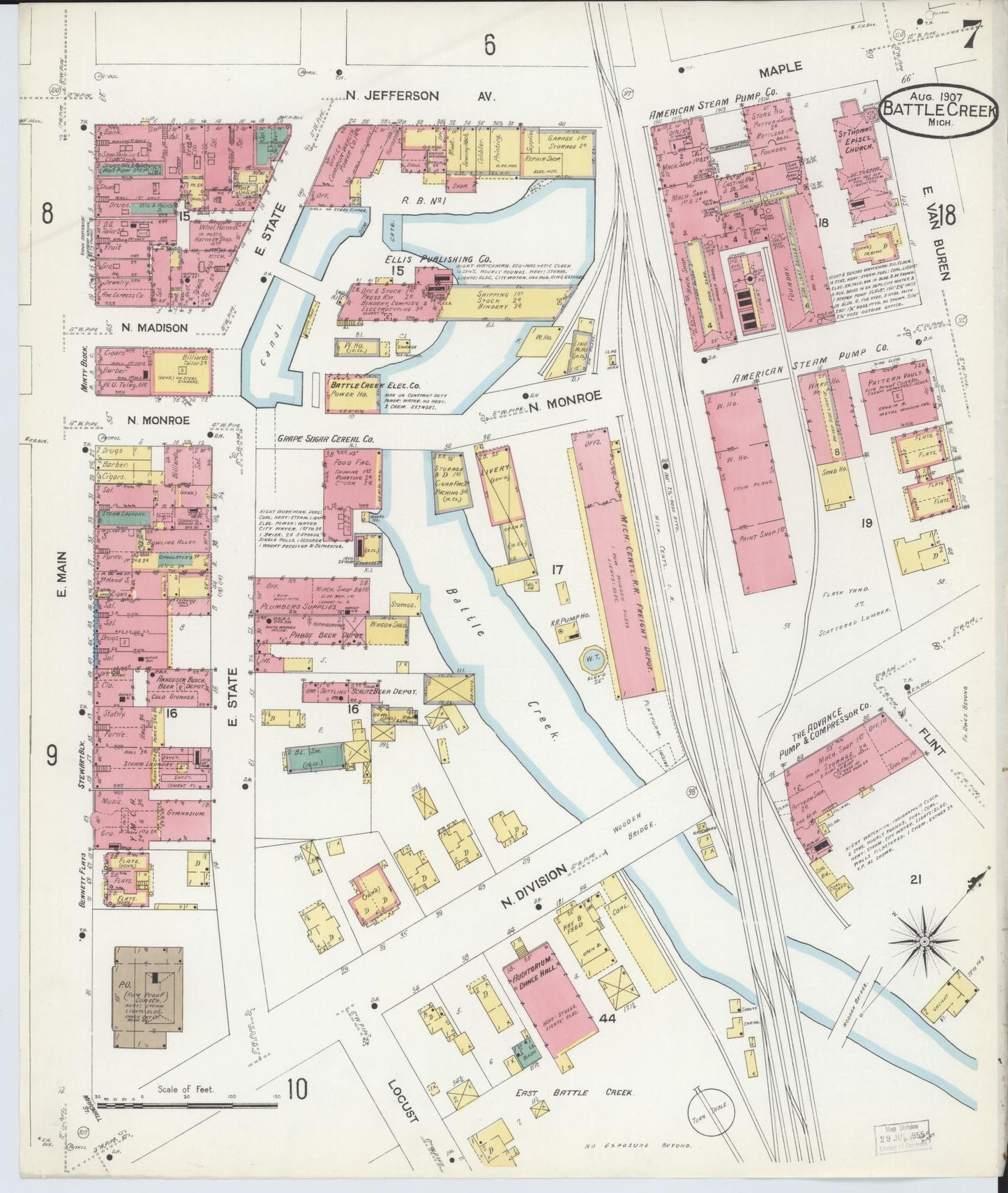 Sanborn Fire Insurance Map from Battle Creek, Calhoun County, Michigan (1907), Sheet #0007 - Complete Map Set gallery image, historic Sanborn map, vintage wall art, Michigan Michigan