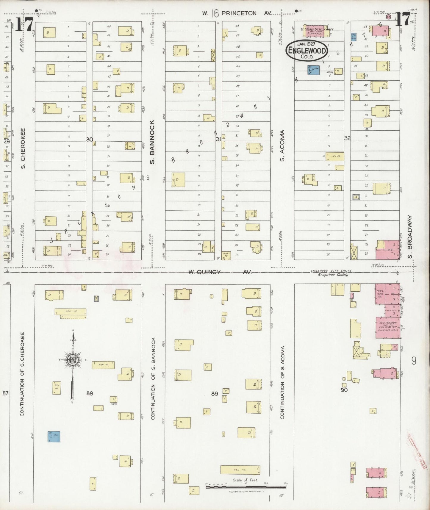 Sanborn Fire Insurance Map from Englewood, Arapahoe County, Colorado (1927), Sheet #0017 - Historic Sanborn Fire Insurance Map Print, vintage old map wall art, antique decor, genealogy gift, Colorado Colorado map