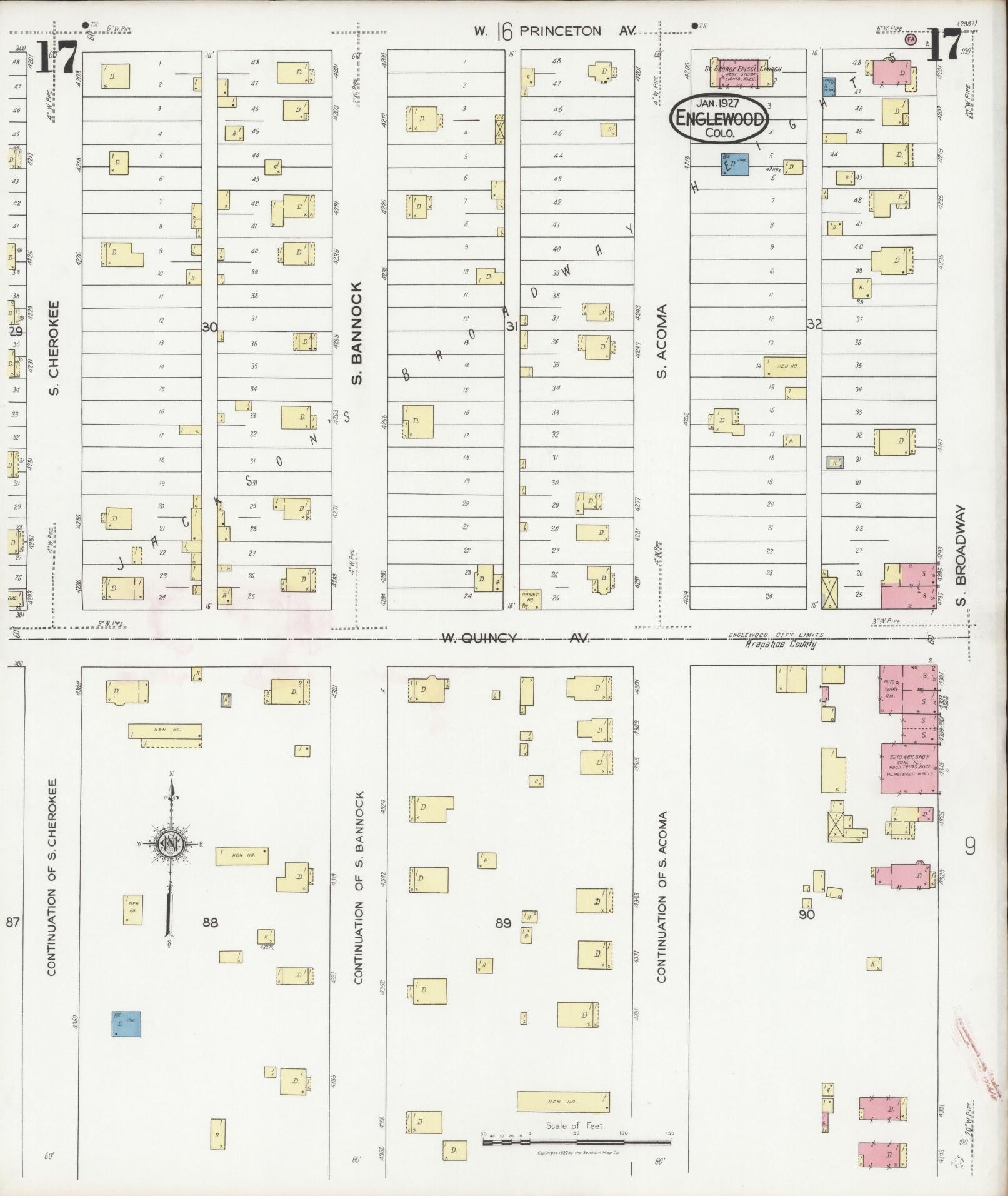 Sanborn Fire Insurance Map from Englewood, Arapahoe County, Colorado (1927), Sheet #0017 - Historic Sanborn Fire Insurance Map Print, vintage old map wall art, antique decor, genealogy gift, Colorado Colorado map