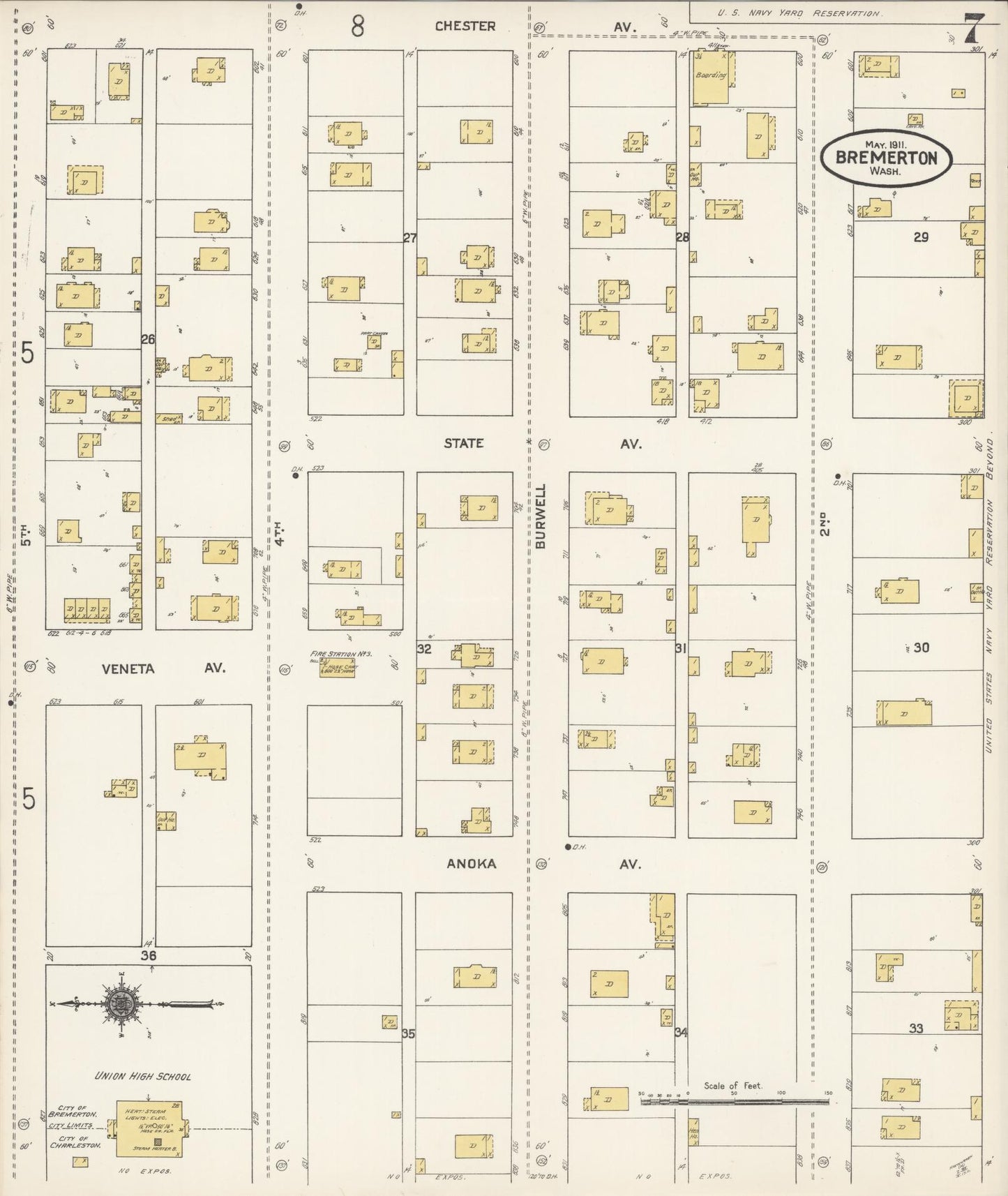 Sanborn Fire Insurance Map from Bremerton, Kitsap County, Washington (1911), Sheet #0007 - Complete Map Set gallery image, historic Sanborn map, vintage wall art, Washington Washington