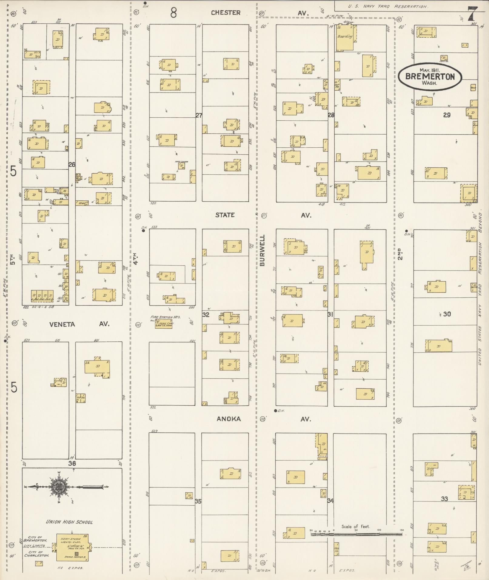 Sanborn Fire Insurance Map from Bremerton, Kitsap County, Washington (1911), Sheet #0007 - Complete Map Set gallery image, historic Sanborn map, vintage wall art, Washington Washington