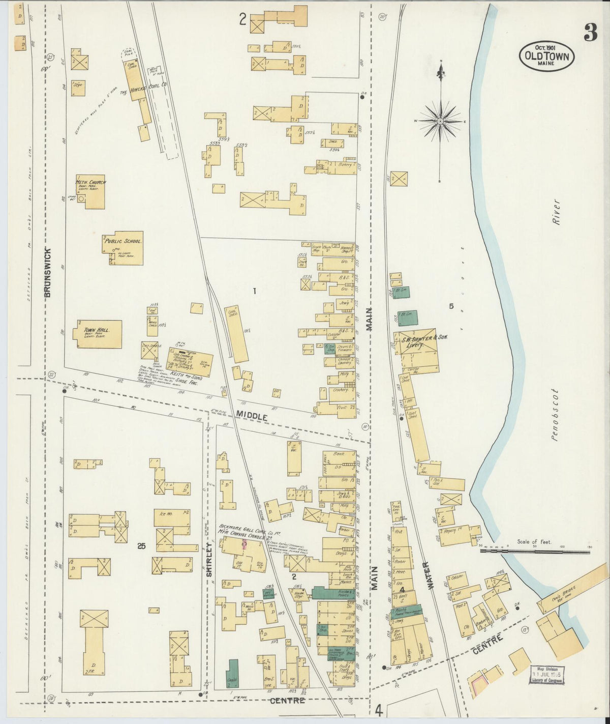 Sanborn Fire Insurance Map from Old Town, Penobscot County, Maine (1901), Sheet #0003 - Complete Map Set gallery image, historic Sanborn map, vintage wall art, Maine Maine