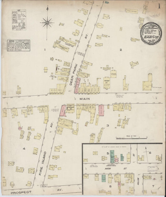 Sanborn Fire Insurance Map from Babylon, Suffolk County, New York (1885), Sheet #0001 - Historic Sanborn Fire Insurance Map Print, vintage old map wall art, antique decor, genealogy gift, New York New York map