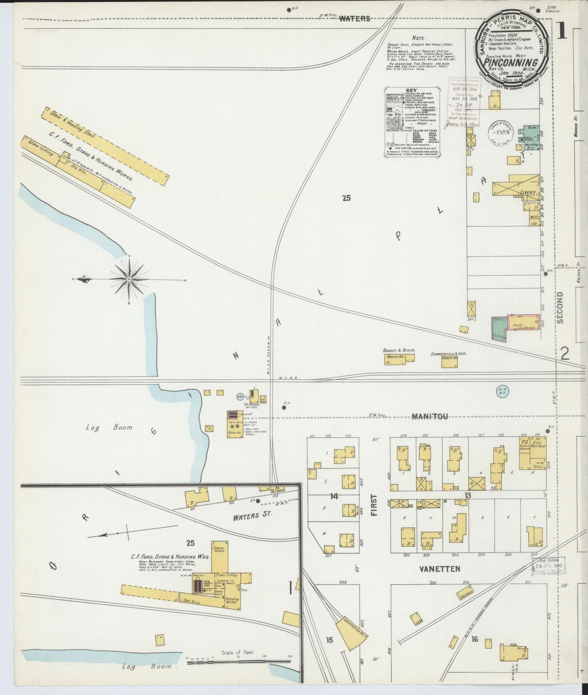 Sanborn Fire Insurance Map from Pinconning, Bay County, Michigan (1900), Sheet #0001 - Historic Sanborn Fire Insurance Map Print, vintage old map wall art, antique decor, genealogy gift, Michigan Michigan map