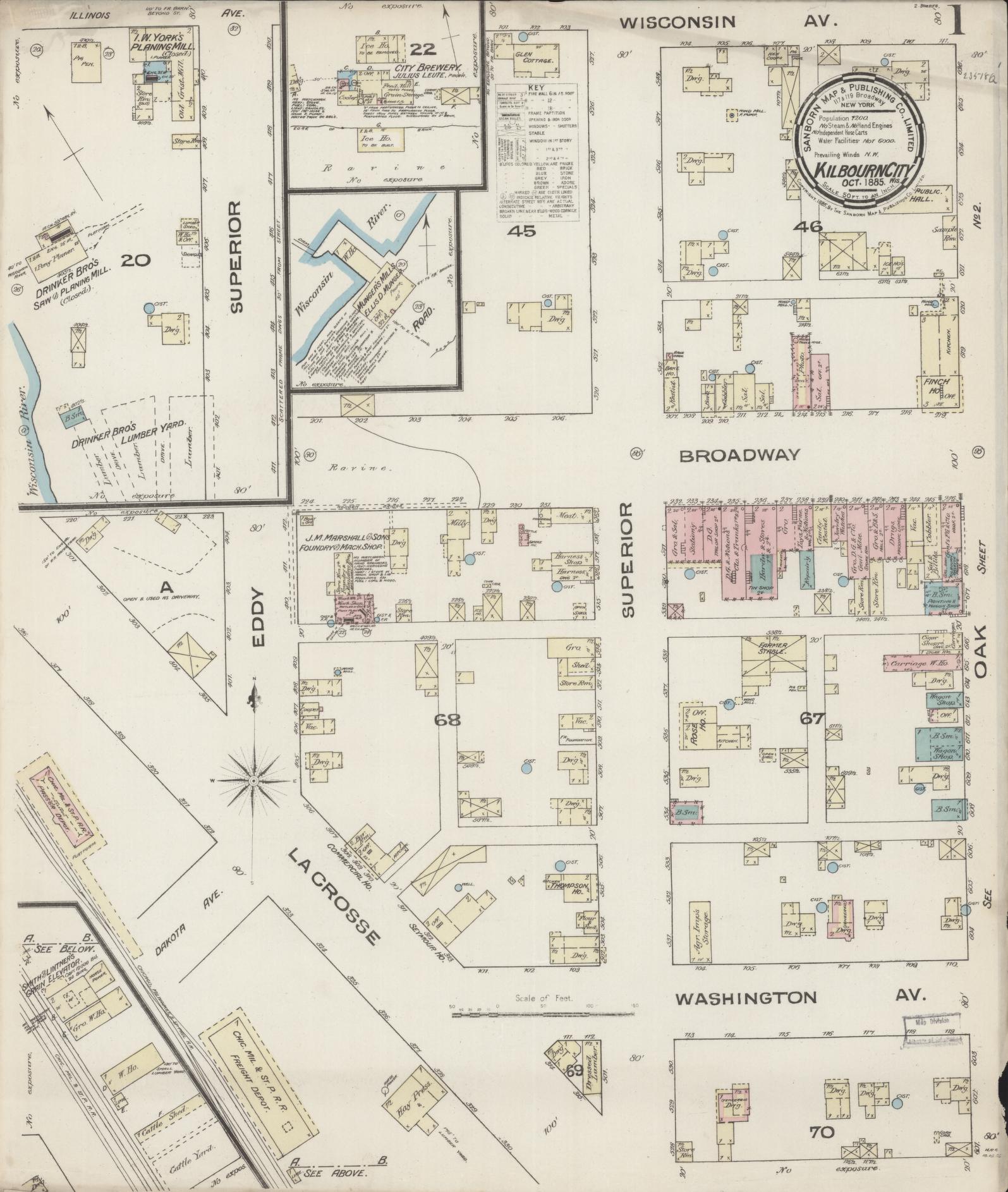 Sanborn Fire Insurance Map from Kilbourn, Columbia County, Wisconsin (1885), Sheet #0001 - Complete Map Set gallery image, historic Sanborn map, vintage wall art, Wisconsin Wisconsin