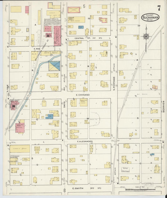 Sanborn Fire Insurance Map from Buchanan, Berrien County, Michigan (1917), Sheet #0007 - Historic Sanborn Fire Insurance Map Print, vintage old map wall art, antique decor, genealogy gift, Michigan Michigan map