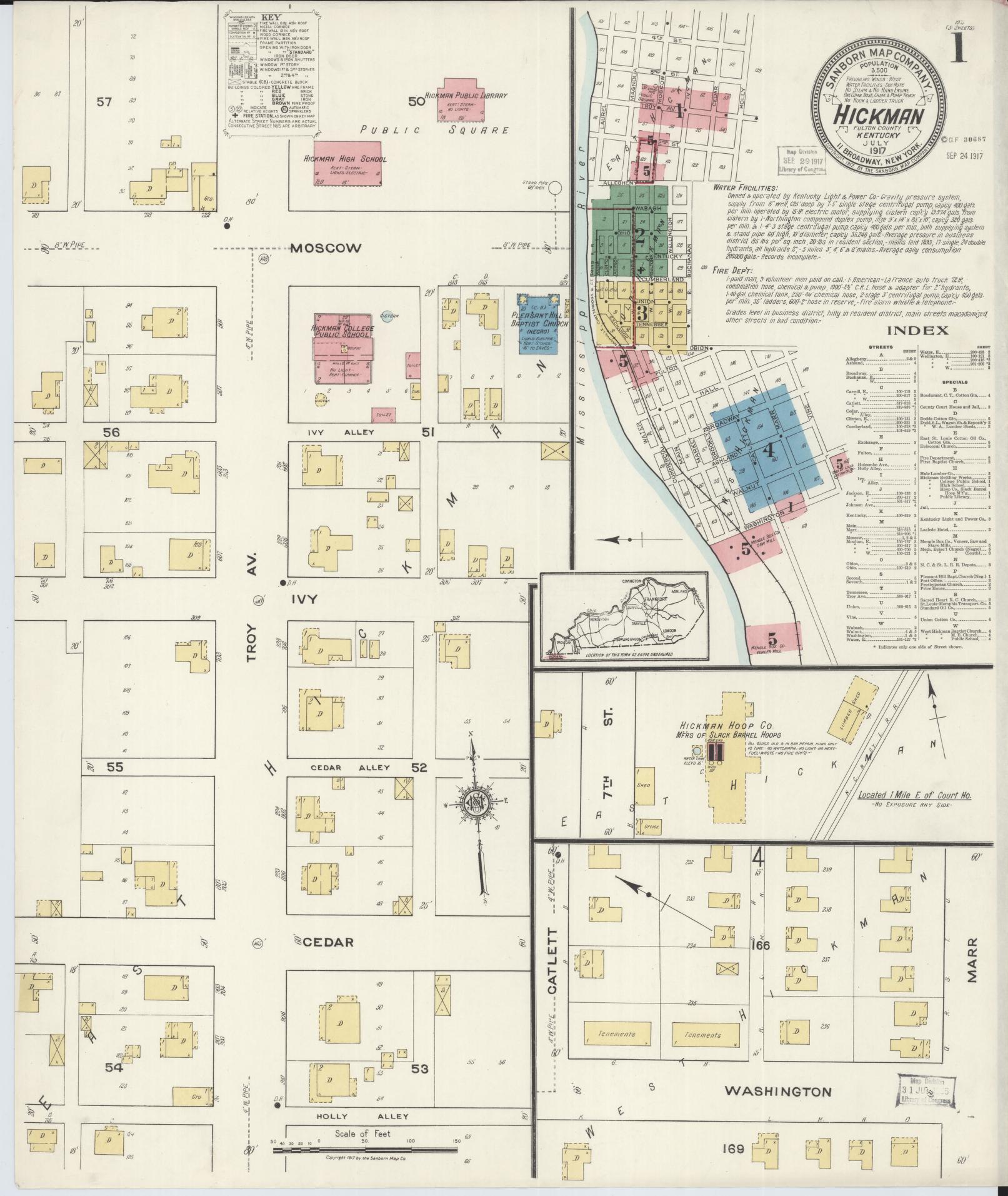 Sanborn Fire Insurance Map from Hickman, Fulton County, Kentucky (1917), Sheet #0001 - Complete Map Set gallery image, historic Sanborn map, vintage wall art, Kentucky Kentucky
