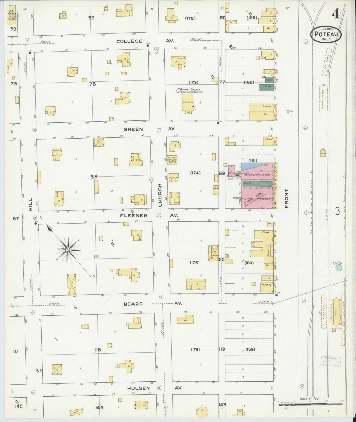 Sanborn Fire Insurance Map from Poteau, Le Flore County, Oklahoma (1909), Sheet #0004 - Complete Map Set gallery image, historic Sanborn map, vintage wall art, Oklahoma Oklahoma