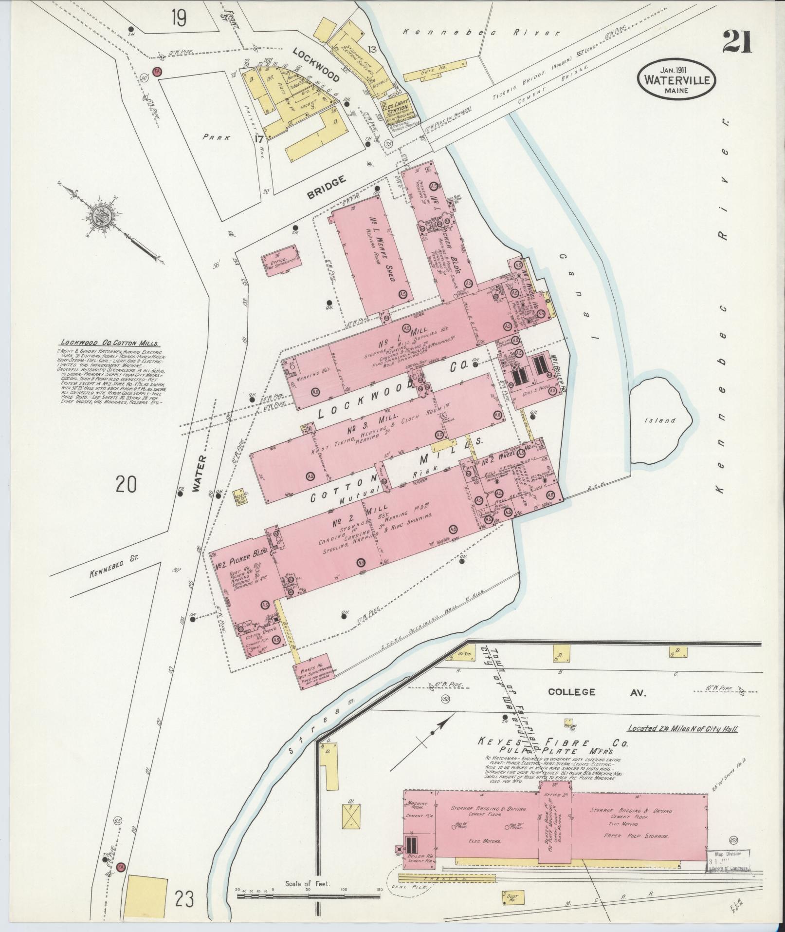 Sanborn Fire Insurance Map from Waterville, Kennebec County, Maine (1911), Sheet #0021 - Historic Sanborn Fire Insurance Map Print, vintage old map wall art, antique decor, genealogy gift, Maine Maine map