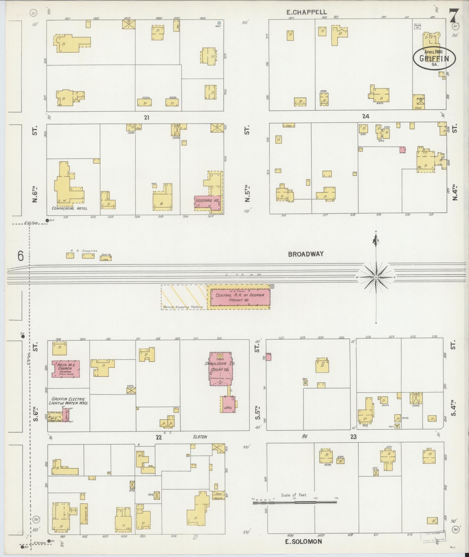 Sanborn Fire Insurance Map from Griffin, Spalding County, Georgia (1900), Sheet #0007 - Complete Map Set gallery image, historic Sanborn map, vintage wall art, Georgia Georgia