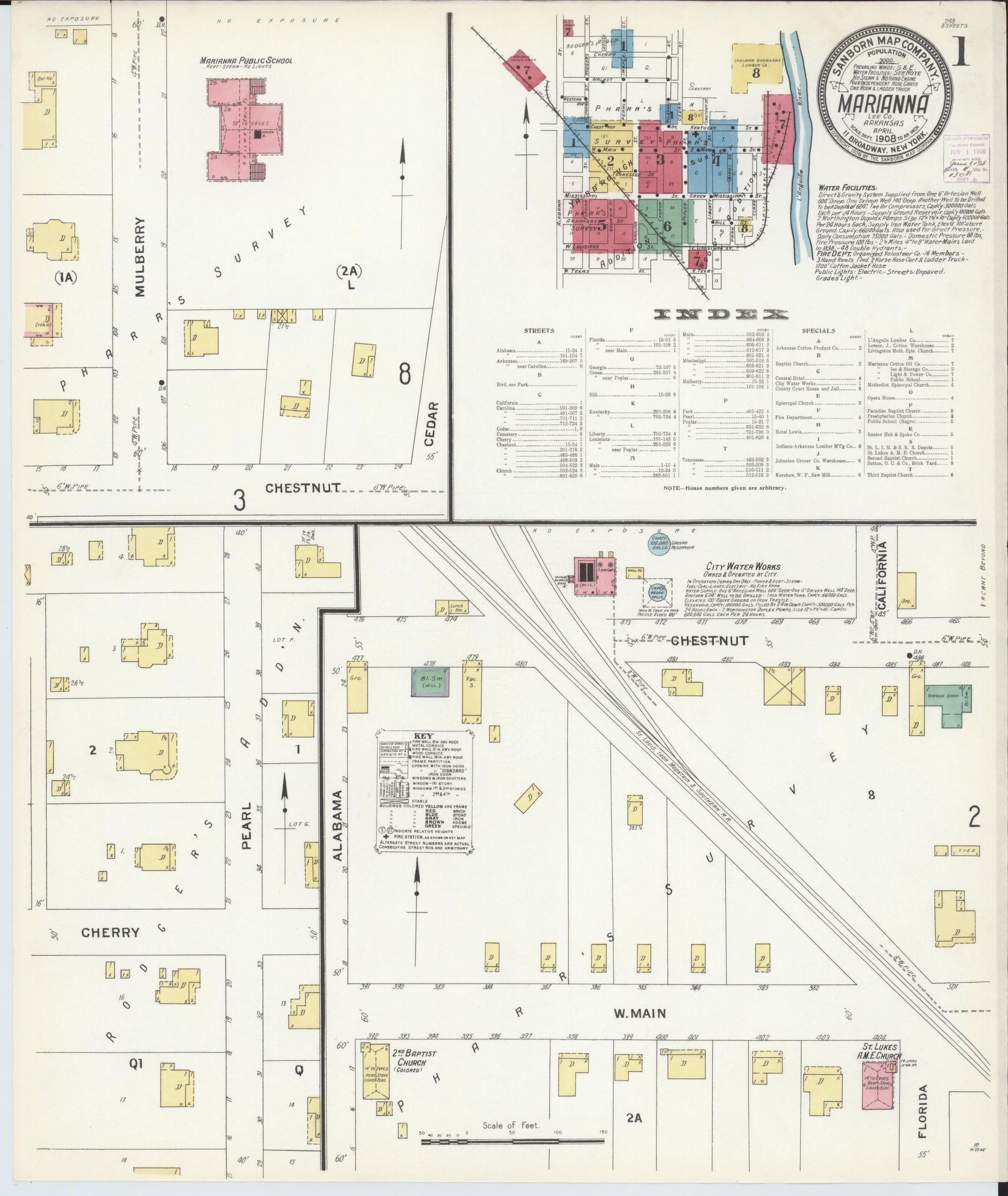 Sanborn Fire Insurance Map from Marianna, Lee County, Arkansas (1908), Sheet #0001 - Historic Sanborn Fire Insurance Map Print, vintage old map wall art, antique decor, genealogy gift, Arkansas Arkansas map