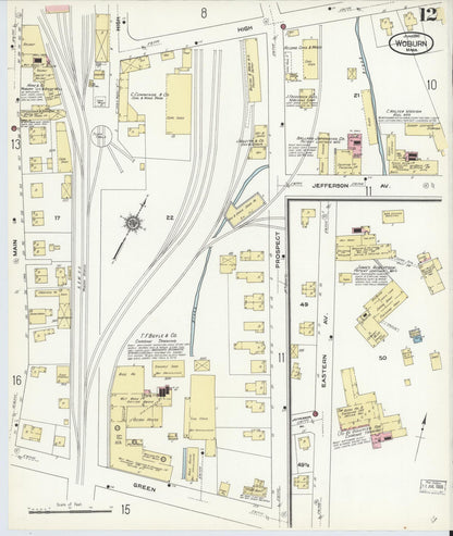 Sanborn Fire Insurance Map from Woburn, Middlesex County, Massachusetts (1910), Sheet #0012 - Historic Sanborn Fire Insurance Map Print, vintage old map wall art, antique decor, genealogy gift, Massachusetts Massachusetts map