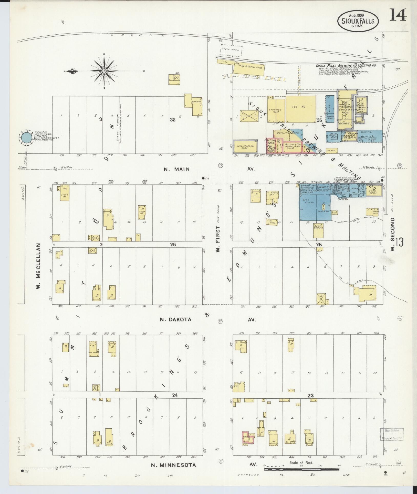 Sanborn Fire Insurance Map from Sioux Falls, Minnehaha County, South Dakota (1908), Sheet #0014 - Complete Map Set gallery image, historic Sanborn map, vintage wall art, South Dakota South Dakota