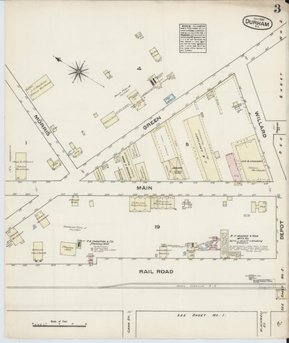 Sanborn Fire Insurance Map from Durham, Durham County, North Carolina (1884), Sheet #0003 - Historic Sanborn Fire Insurance Map Print, vintage old map wall art, antique decor, genealogy gift, North Carolina North Carolina map