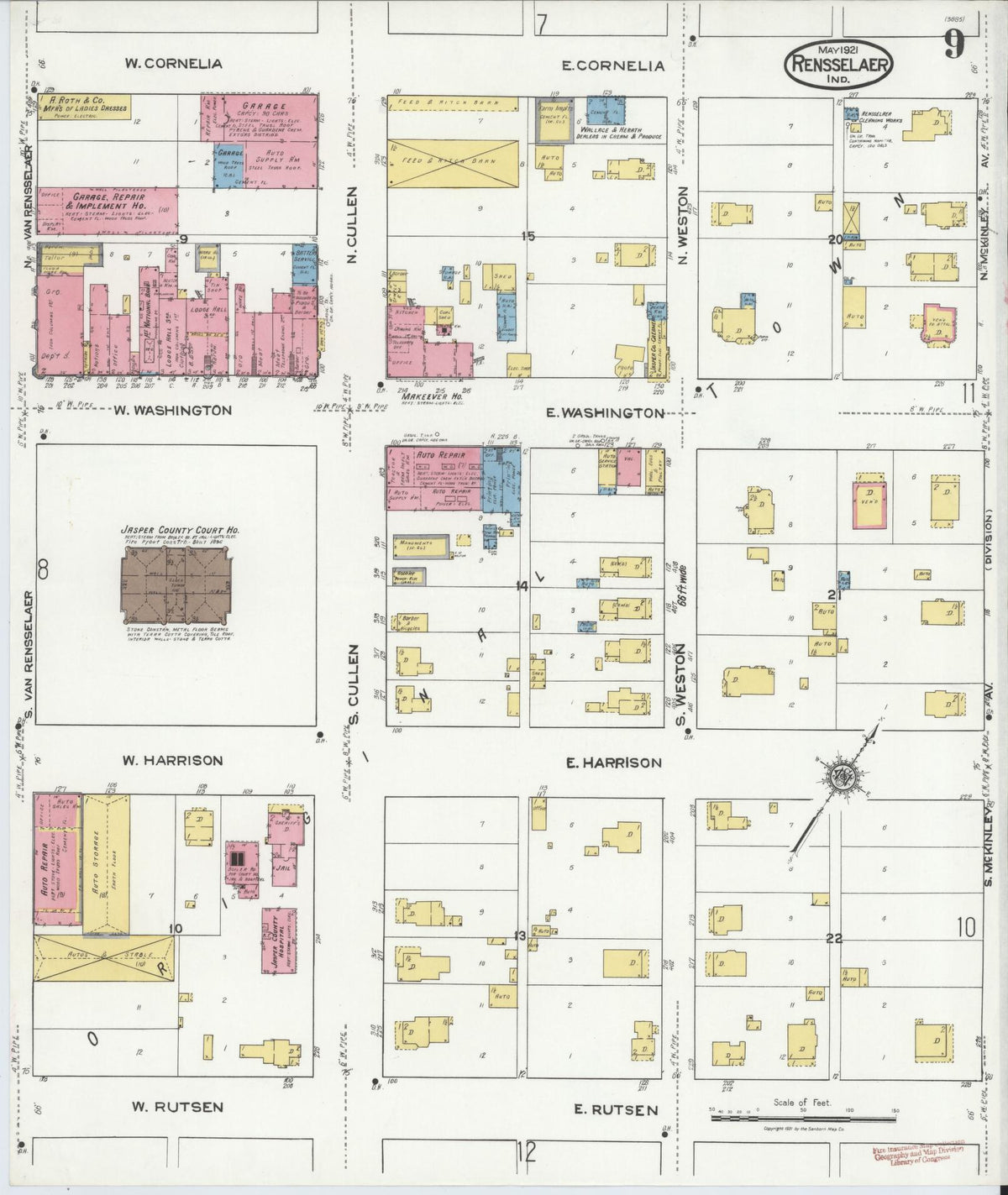 Sanborn Fire Insurance Map from Rensselaer, Jasper County, Indiana (1921), Sheet #0009 - Historic Sanborn Fire Insurance Map Print, vintage old map wall art, antique decor, genealogy gift, Indiana Indiana map