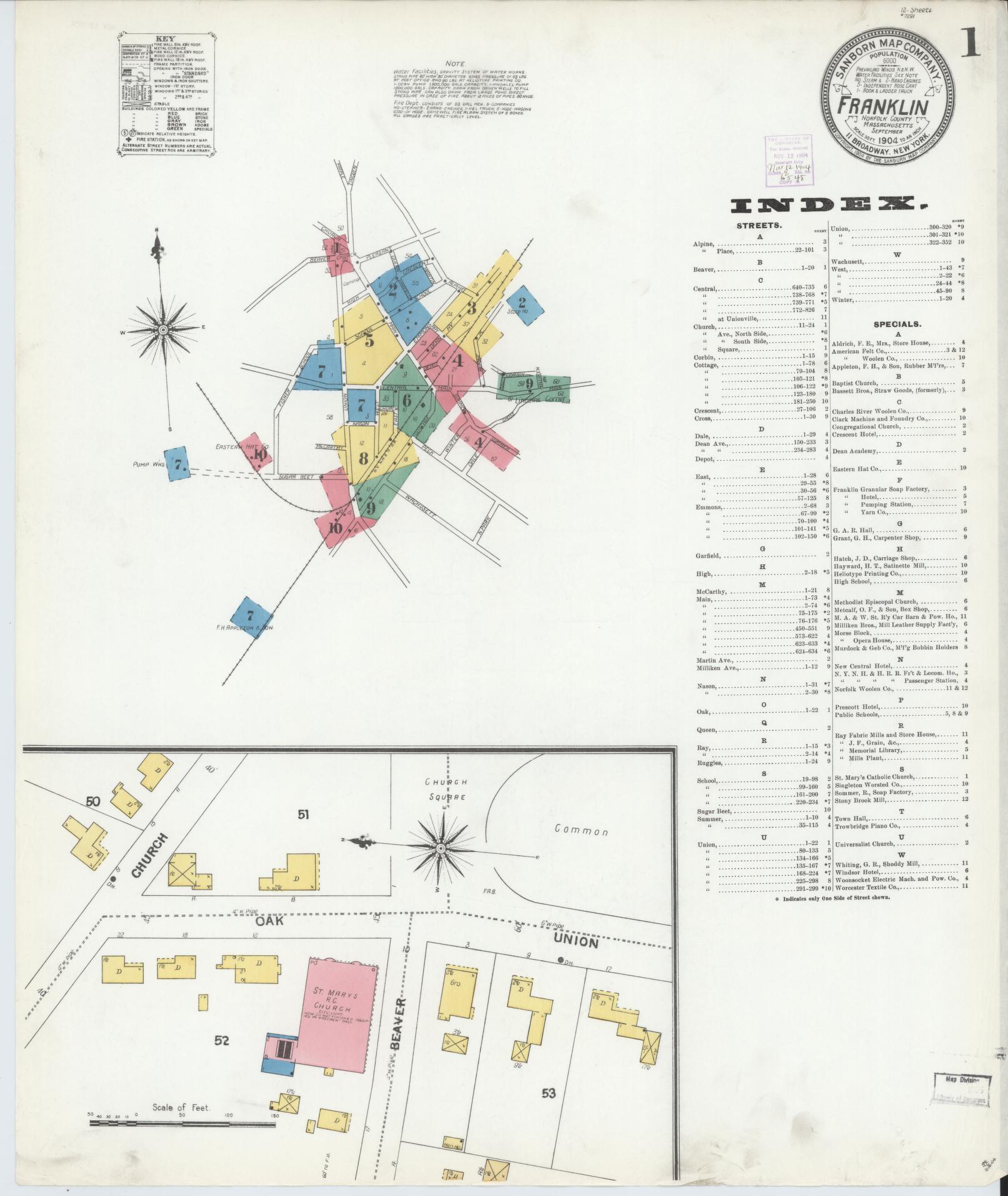 Sanborn Fire Insurance Map from Franklin, Norfolk County, Massachusetts. (1904) – Historic Sanborn Fire Insurance Map Print