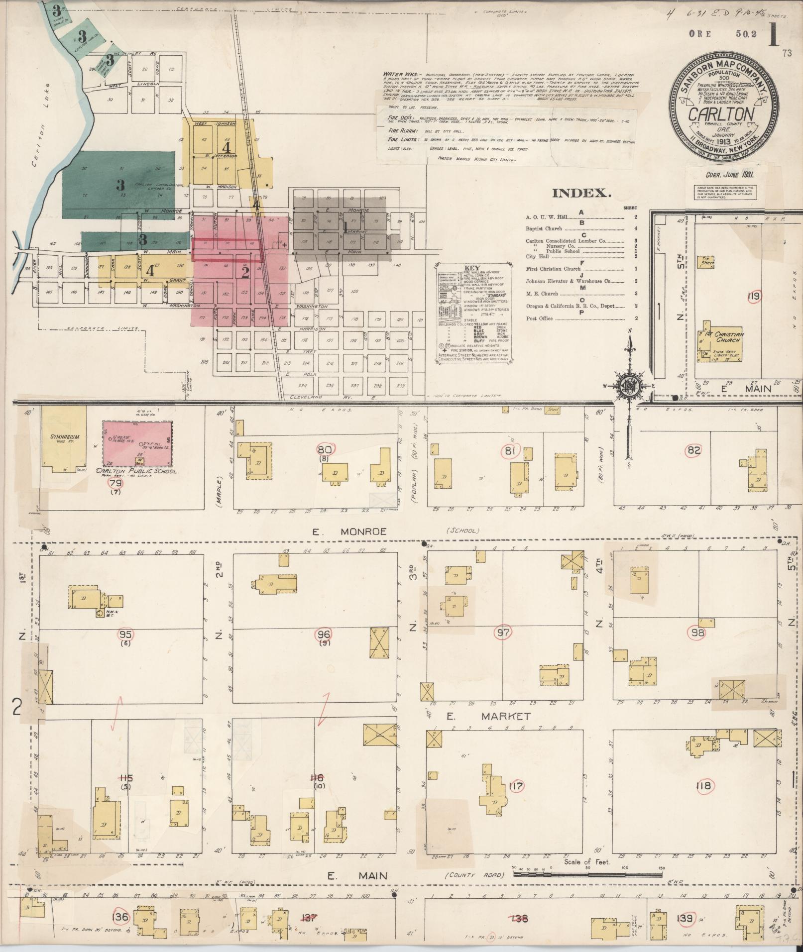 Sanborn Fire Insurance Map from Carlton, Yamhill County, Oregon (1931), Sheet #0001 - Complete Map Set gallery image, historic Sanborn map, vintage wall art, Oregon Oregon