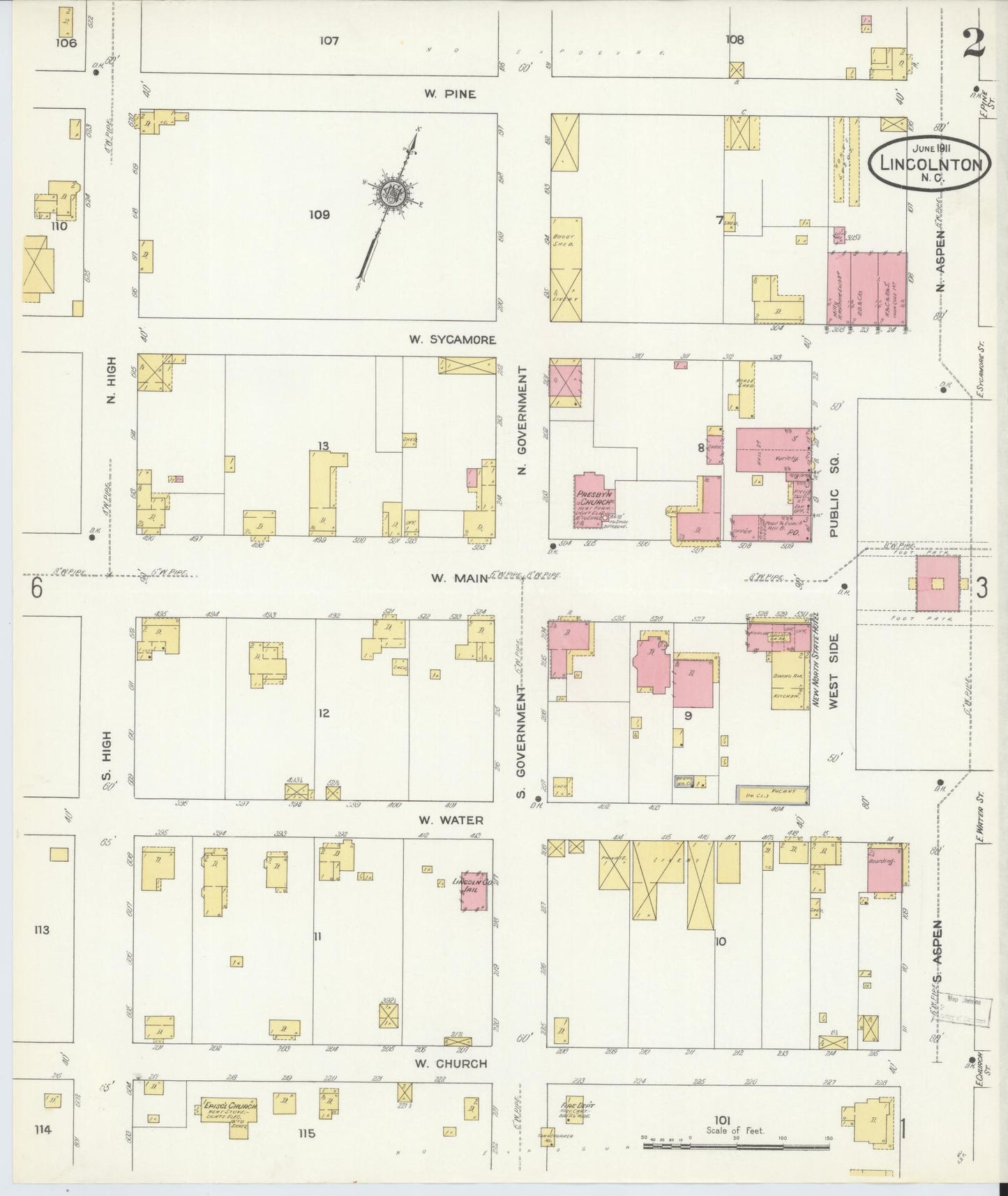 Sanborn Fire Insurance Map from Lincolnton, Lincoln County, North Carolina (1911), Sheet #0002 - Complete Map Set gallery image, historic Sanborn map, vintage wall art, North Carolina North Carolina