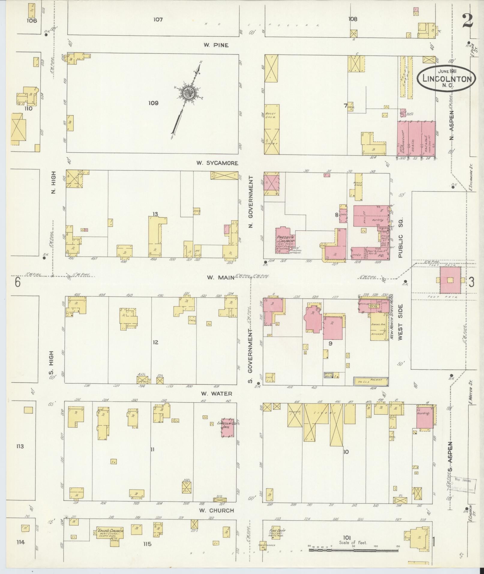 Sanborn Fire Insurance Map from Lincolnton, Lincoln County, North Carolina (1911), Sheet #0002 - Complete Map Set gallery image, historic Sanborn map, vintage wall art, North Carolina North Carolina