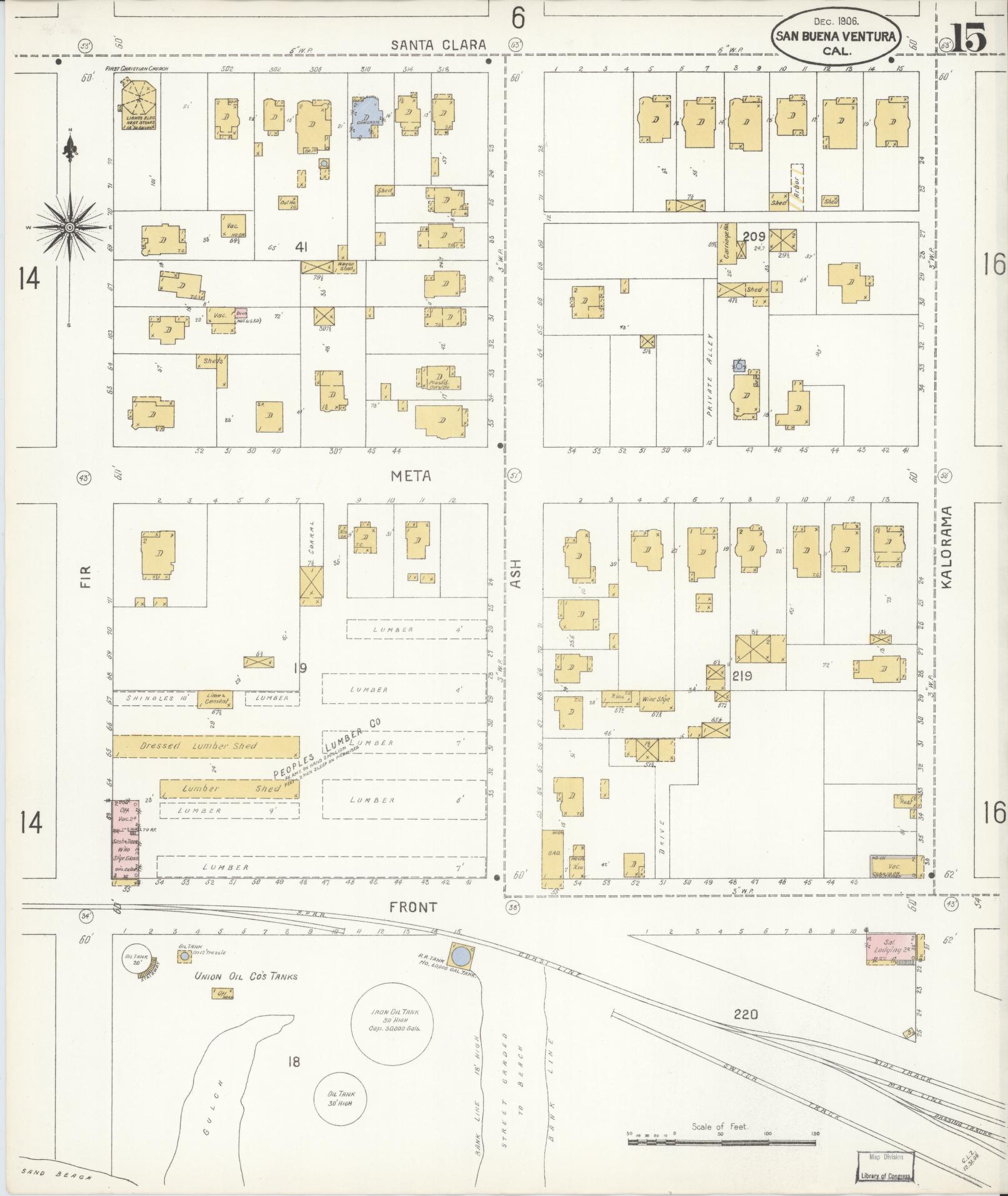 Sanborn Fire Insurance Map from San Buenaventura, Ventura County, California (1906), Sheet #0015 - Complete Map Set gallery image, historic Sanborn map, vintage wall art, California California