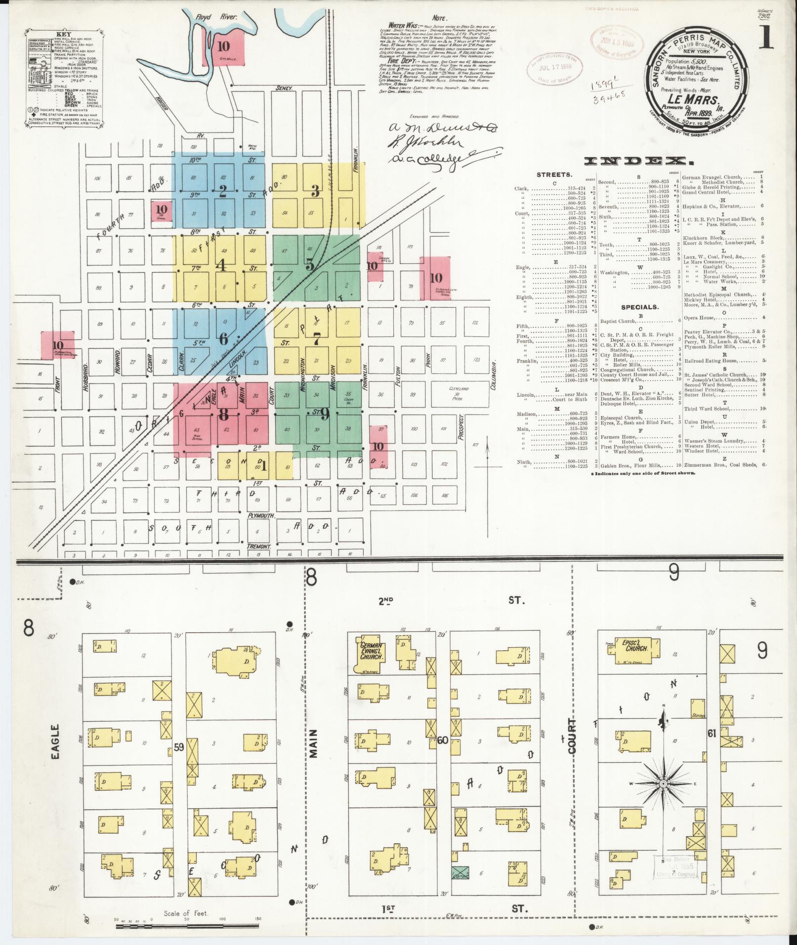 Sanborn Fire Insurance Map from Le Mars, Plymouth County, Iowa (1899), Sheet #0001 - Historic Sanborn Fire Insurance Map Print, vintage old map wall art