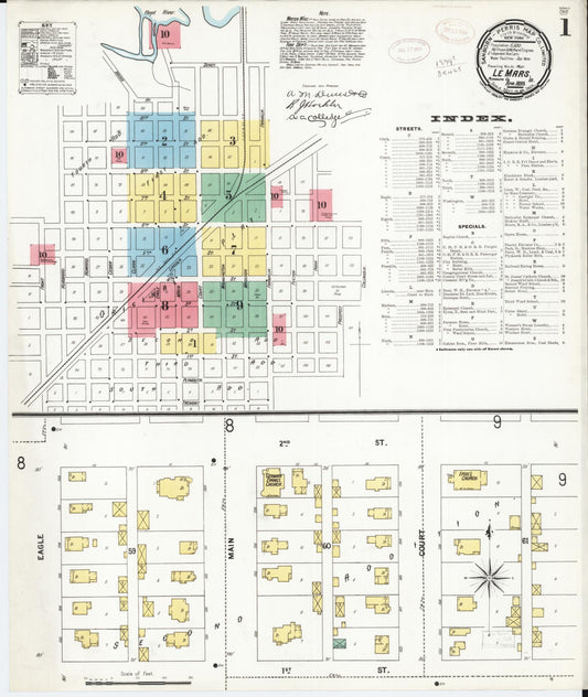 Sanborn Fire Insurance Map from Le Mars, Plymouth County, Iowa (1899), Sheet #0001 - Historic Sanborn Fire Insurance Map Print, vintage old map wall art