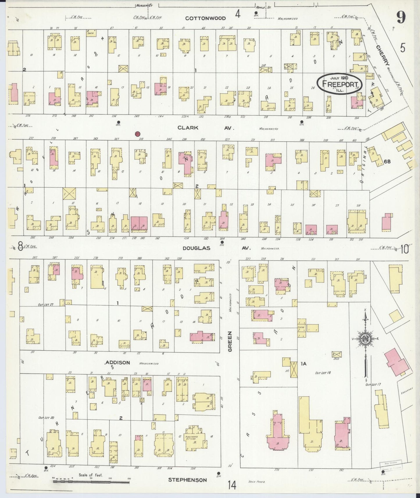 Sanborn Fire Insurance Map from Freeport, Stephenson County, Illinois (1910), Sheet #0009 - Complete Map Set gallery image, historic Sanborn map, vintage wall art, Illinois Illinois