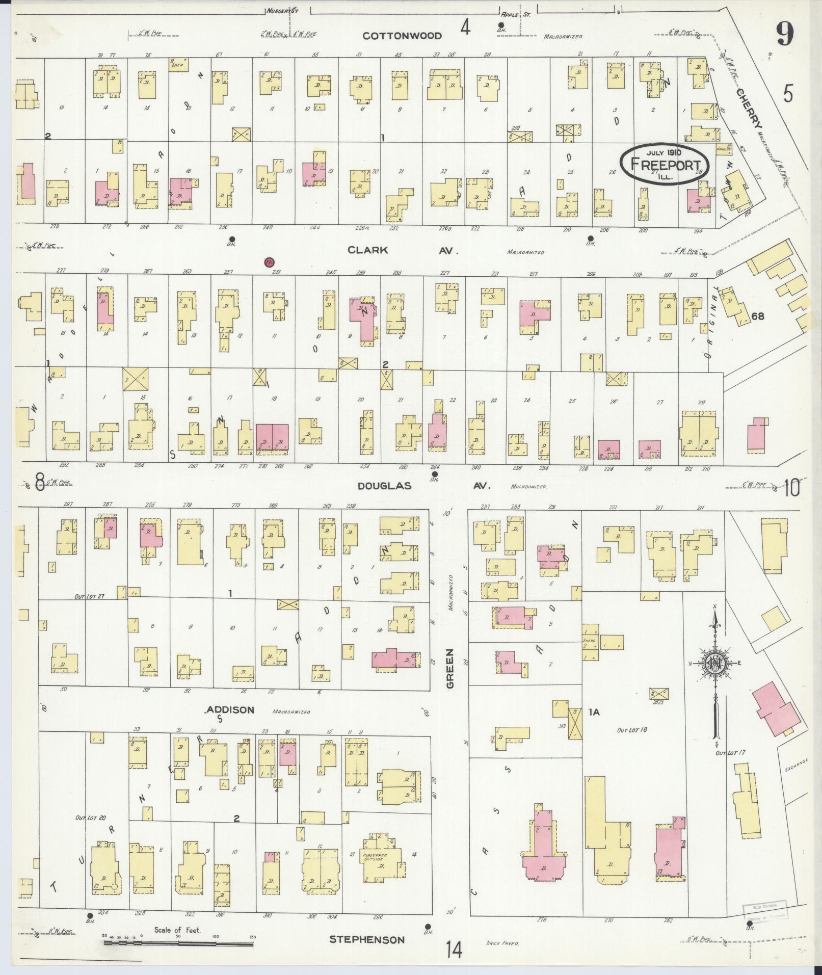 Sanborn Fire Insurance Map from Freeport, Stephenson County, Illinois (1910), Sheet #0009 - Complete Map Set gallery image, historic Sanborn map, vintage wall art, Illinois Illinois