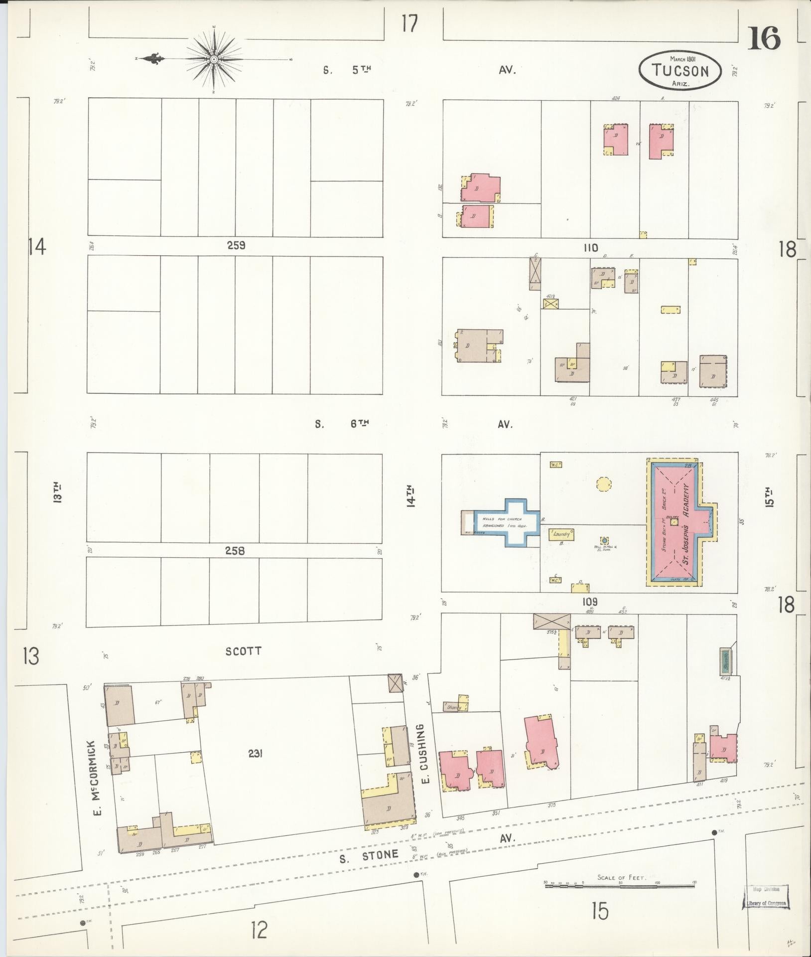 Sanborn Fire Insurance Map from Tucson, Pima County, Arizona (1901), Sheet #0016 - Historic Sanborn Fire Insurance Map Print, vintage old map wall art, antique decor, genealogy gift, Arizona Arizona map