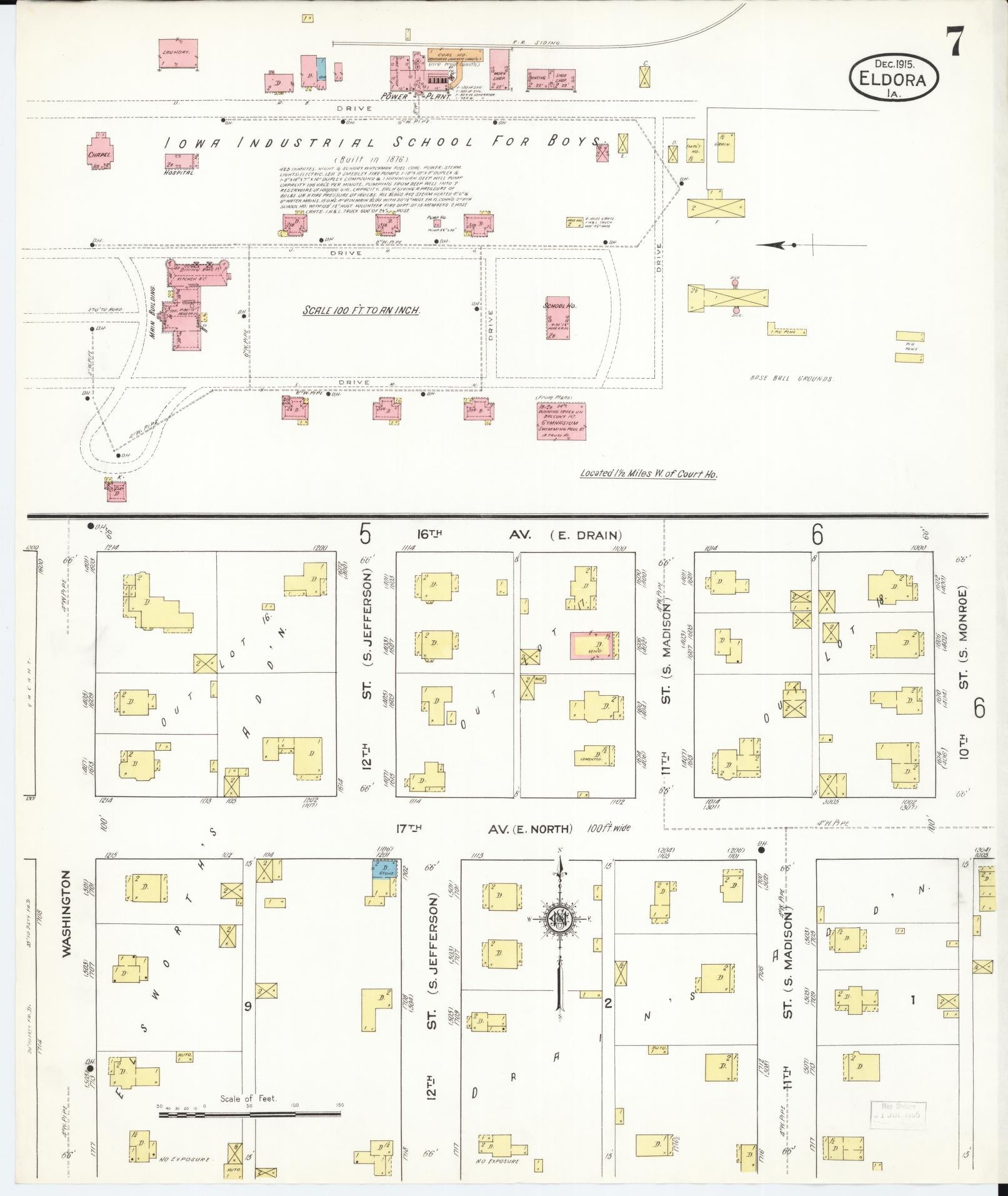 Sanborn Fire Insurance Map from Eldora, Hardin County, Iowa (1915), Sheet #0007 - Historic Sanborn Fire Insurance Map Print, vintage old map wall art