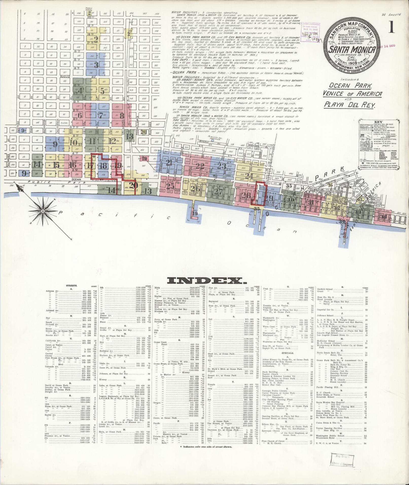 Sanborn Fire Insurance Map from Santa Monica, Los Angeles County, California (1909), Sheet #0001 - Complete Map Set gallery image, historic Sanborn map, vintage wall art, California California