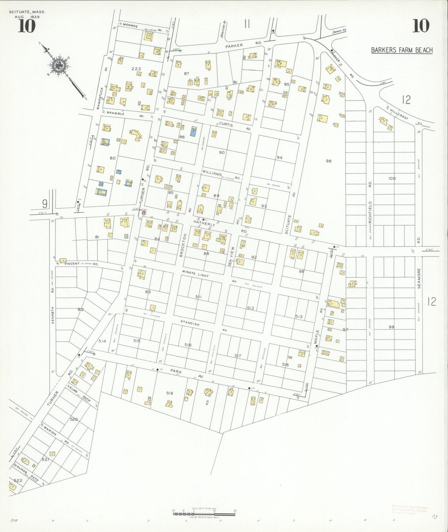 Sanborn Fire Insurance Map from Scituate, Plymouth County, Massachusetts (1939), Sheet #0010 - Historic Sanborn Fire Insurance Map Print, vintage old map wall art, antique decor, genealogy gift, Massachusetts Massachusetts map