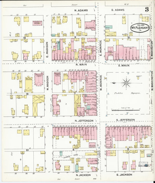 Sanborn Fire Insurance Map from Mount Pleasant, Henry County, Iowa (1892), Sheet #0003 - Historic Sanborn Fire Insurance Map Print, vintage old map wall art