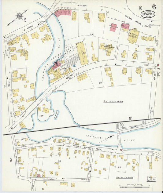 Sanborn Fire Insurance Map from Ipswich, Essex County, Massachusetts (1916), Sheet #0006 - Historic Sanborn Fire Insurance Map Print, vintage old map wall art, antique decor, genealogy gift, Massachusetts Massachusetts map