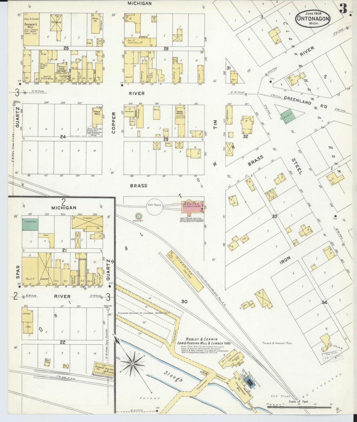Sanborn Fire Insurance Map from Ontonagon, Ontonagon County, Michigan (1908), Sheet #0003 - Complete Map Set gallery image, historic Sanborn map, vintage wall art, Michigan Michigan